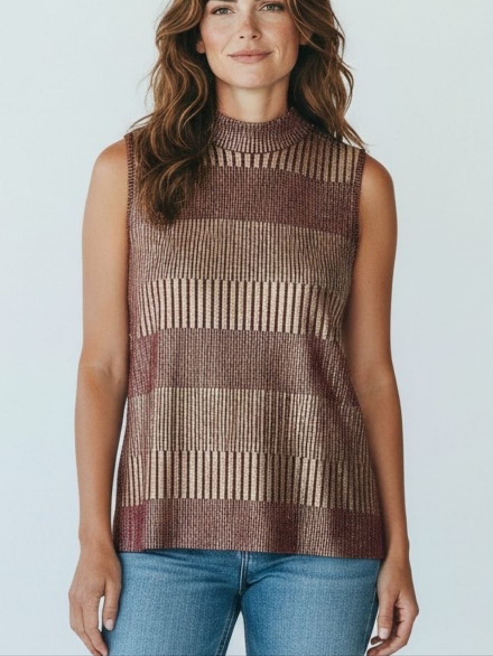 Vintage Espresso Metallic Knit Mock Neck Sleeveless Top Burgundy Gold Size Large